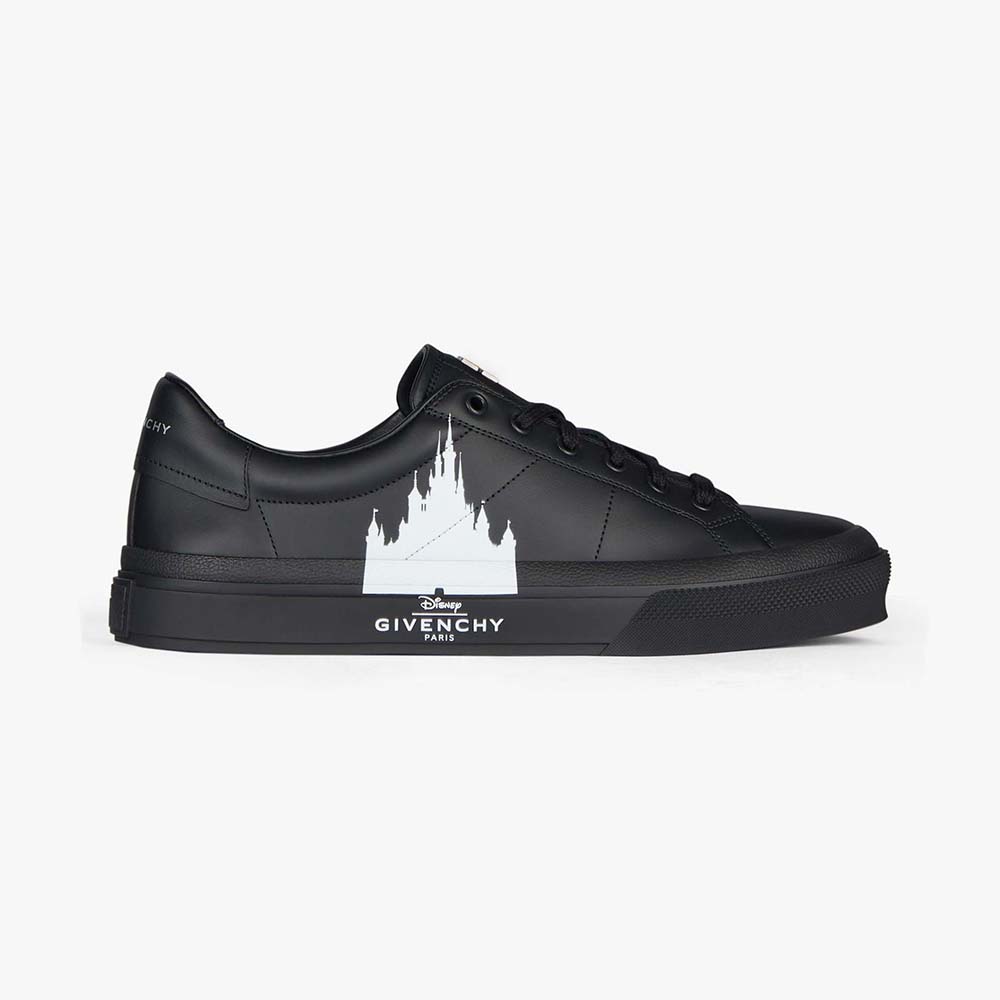 Side angle of Givenchy Men City Sport Disney Castle Sneakers in Leather-Black