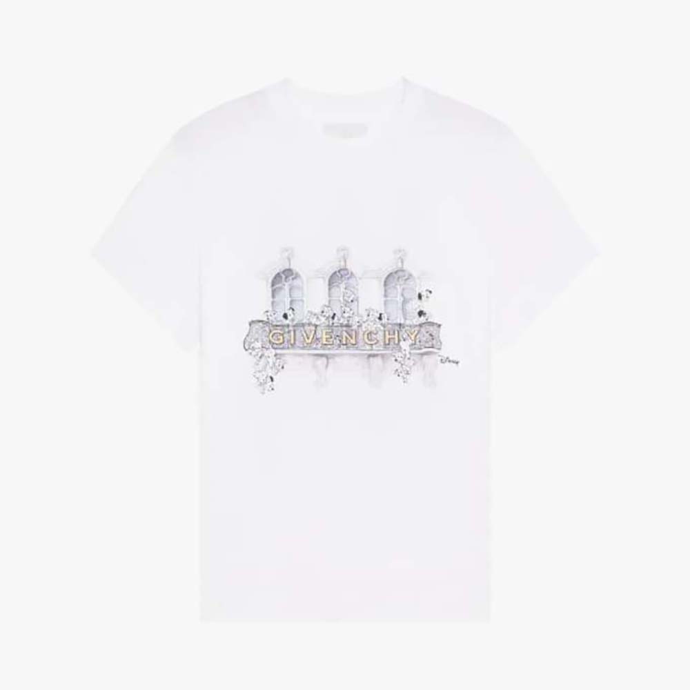 Front view of Givenchy Men 101 Dalmatians T-shirt in white with graphic print