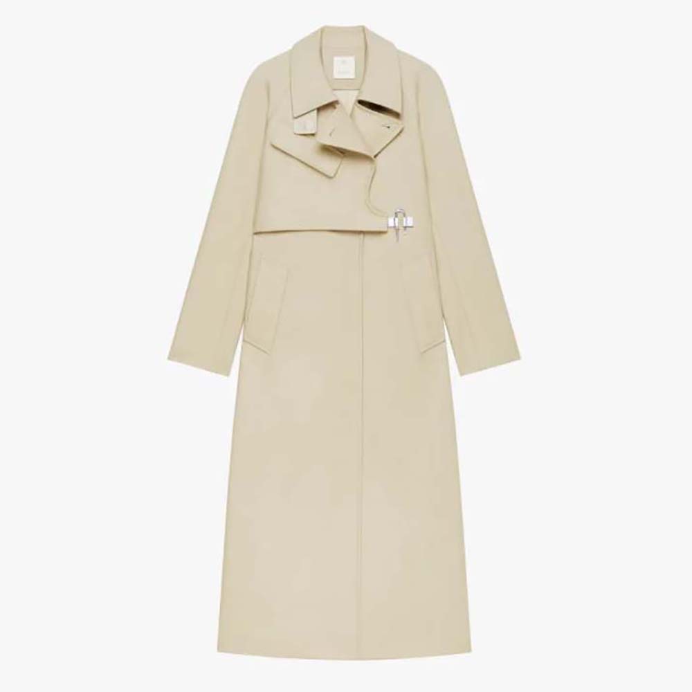 Front view of Givenchy Women Trench Coat in Cotton Twill with U-lock Buckle – Light Beige