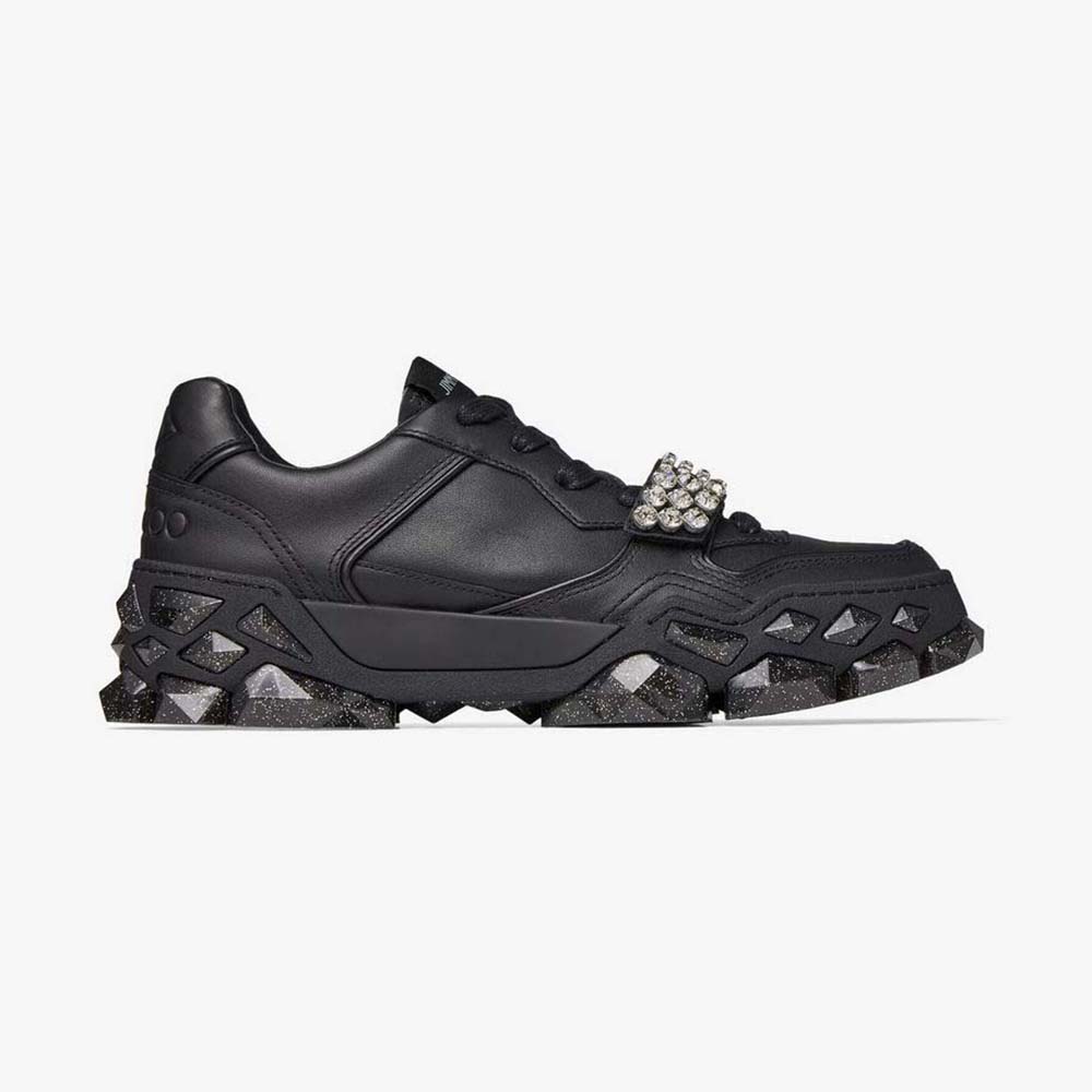 Side view of Jimmy Choo Women Diamond X Strap/F Black Calf Leather Low-Top Trainers