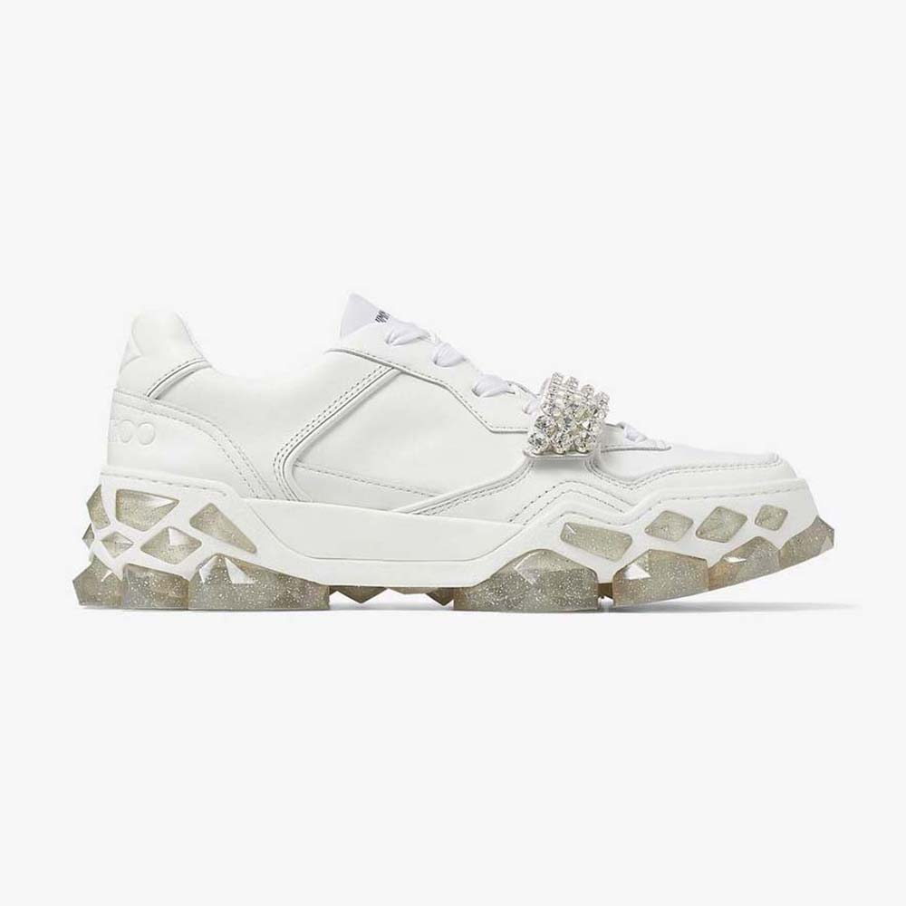 Side view of Jimmy Choo Women Diamond X Strap White Calf Leather Trainers
