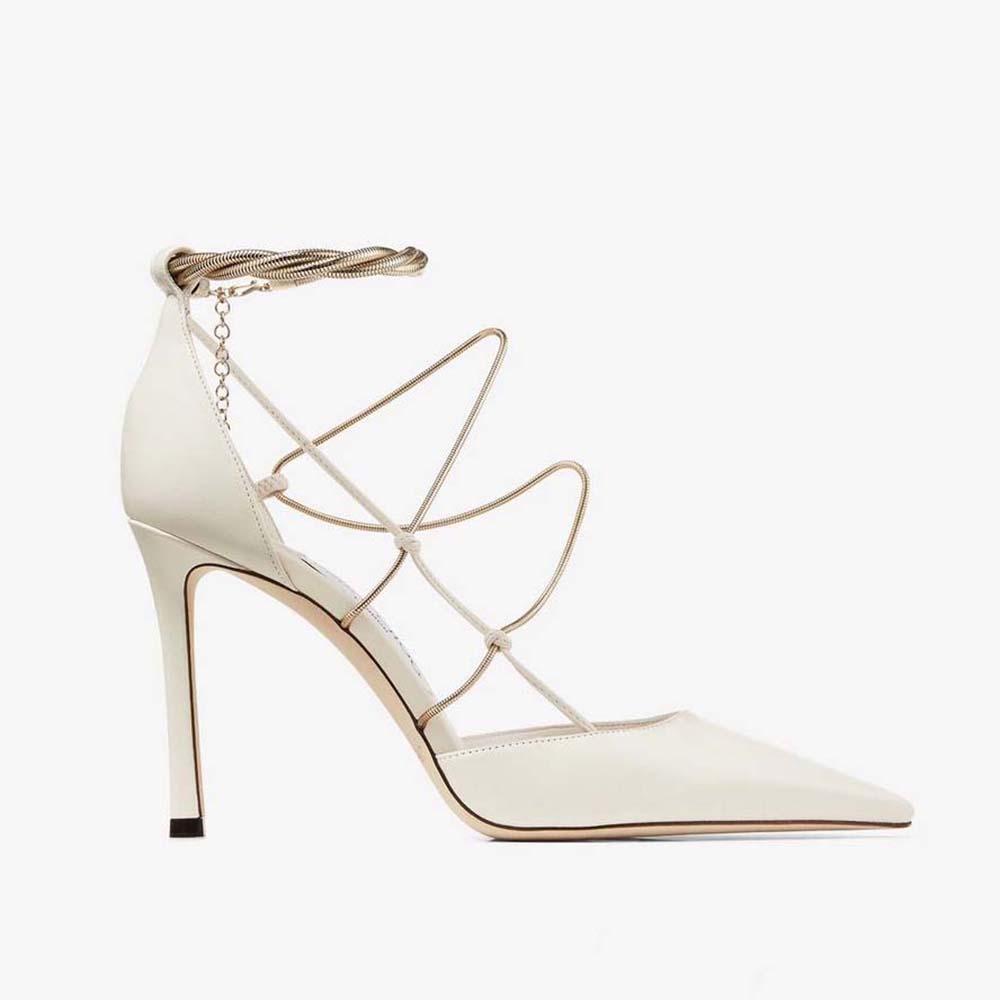 Side angle of Jimmy Choo Women Olesia 95 Latte Nappa Pumps with gold chains