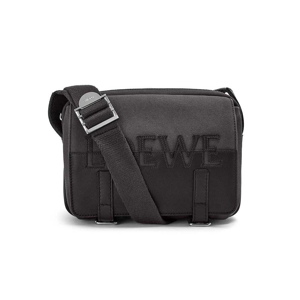 Front view of Loewe Men Signature XS Military Messenger Bag in black canvas and calfskin