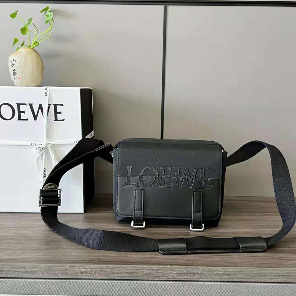 Close-up of Loewe embossed leather patch and black tone hardware details