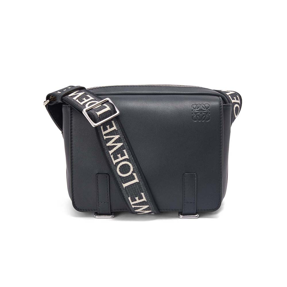 Front view of Loewe Men XS Military Messenger Bag in black calfskin