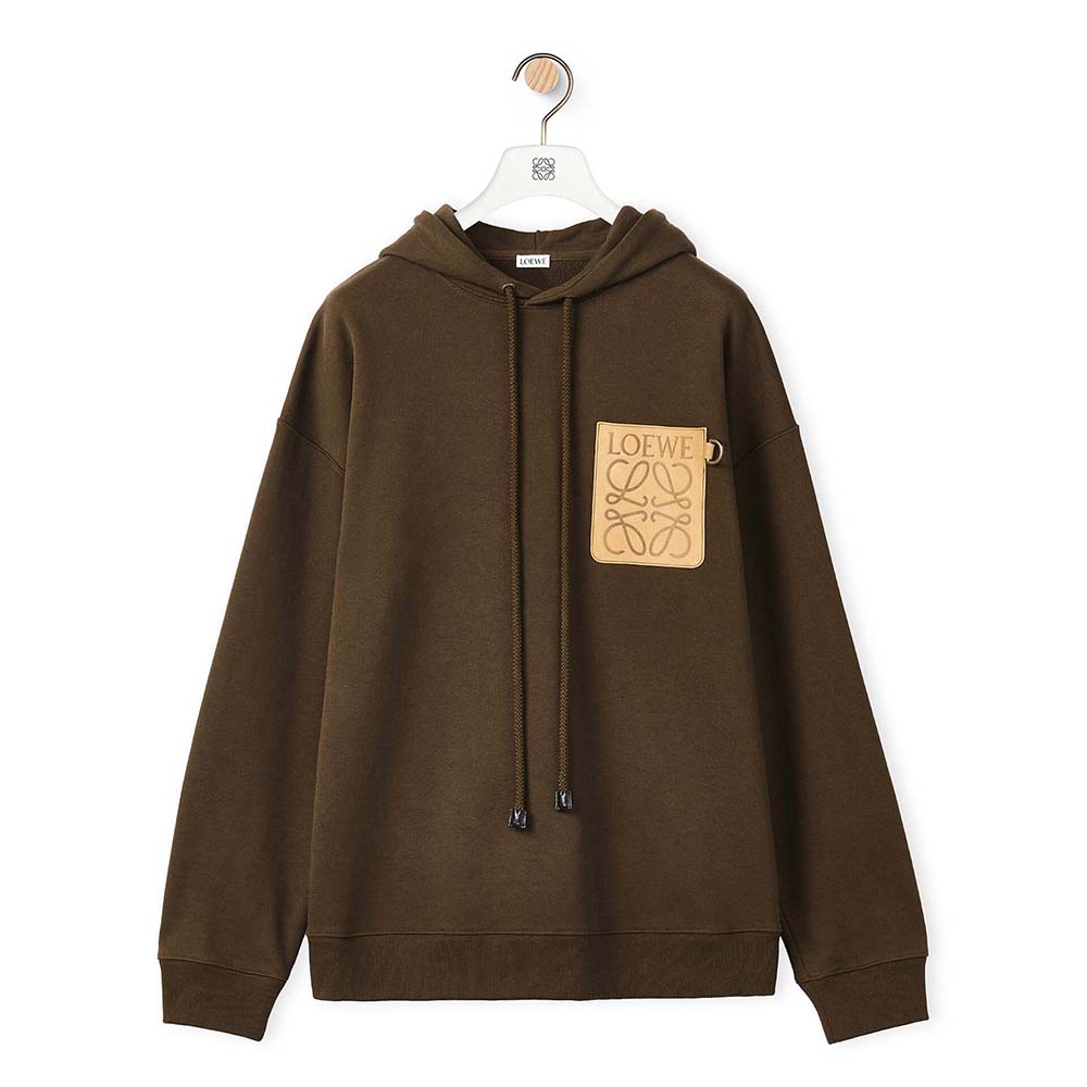 Front view of Loewe Men Anagram Leather Patch Hoodie in brown cotton