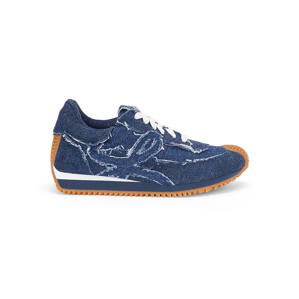 Side profile of Loewe Women Flow Runner in Denim-Blue sneaker