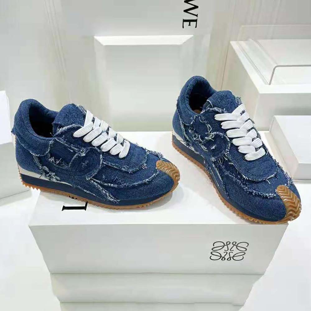 Top view showing lace-up detail of Loewe Women Flow Runner in Denim-Blue