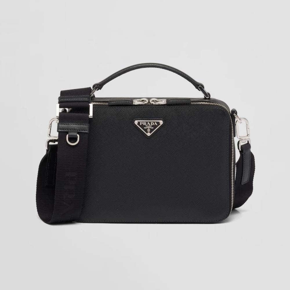 Front view of Prada Men Brique Saffiano Leather Bag-Black showing sleek design