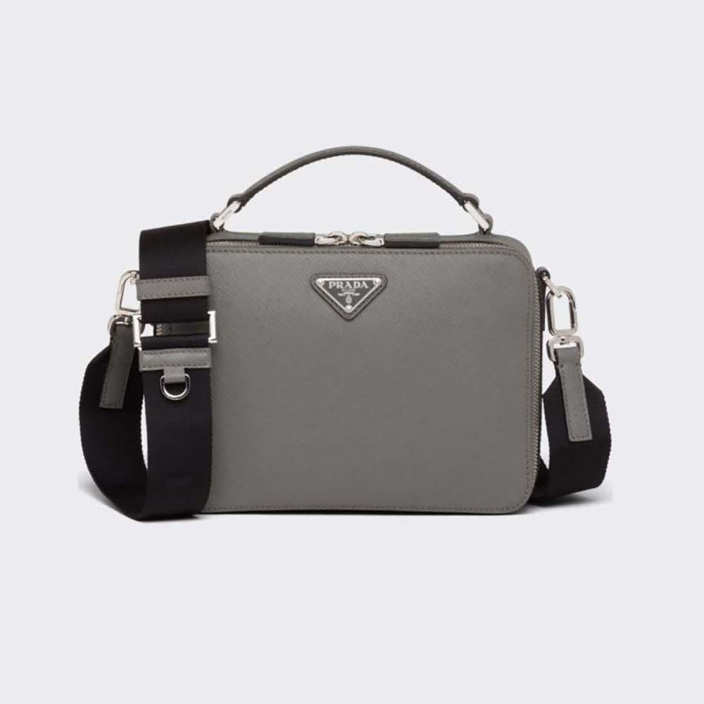 Prada Men Brique Saffiano Leather Bag-Gray