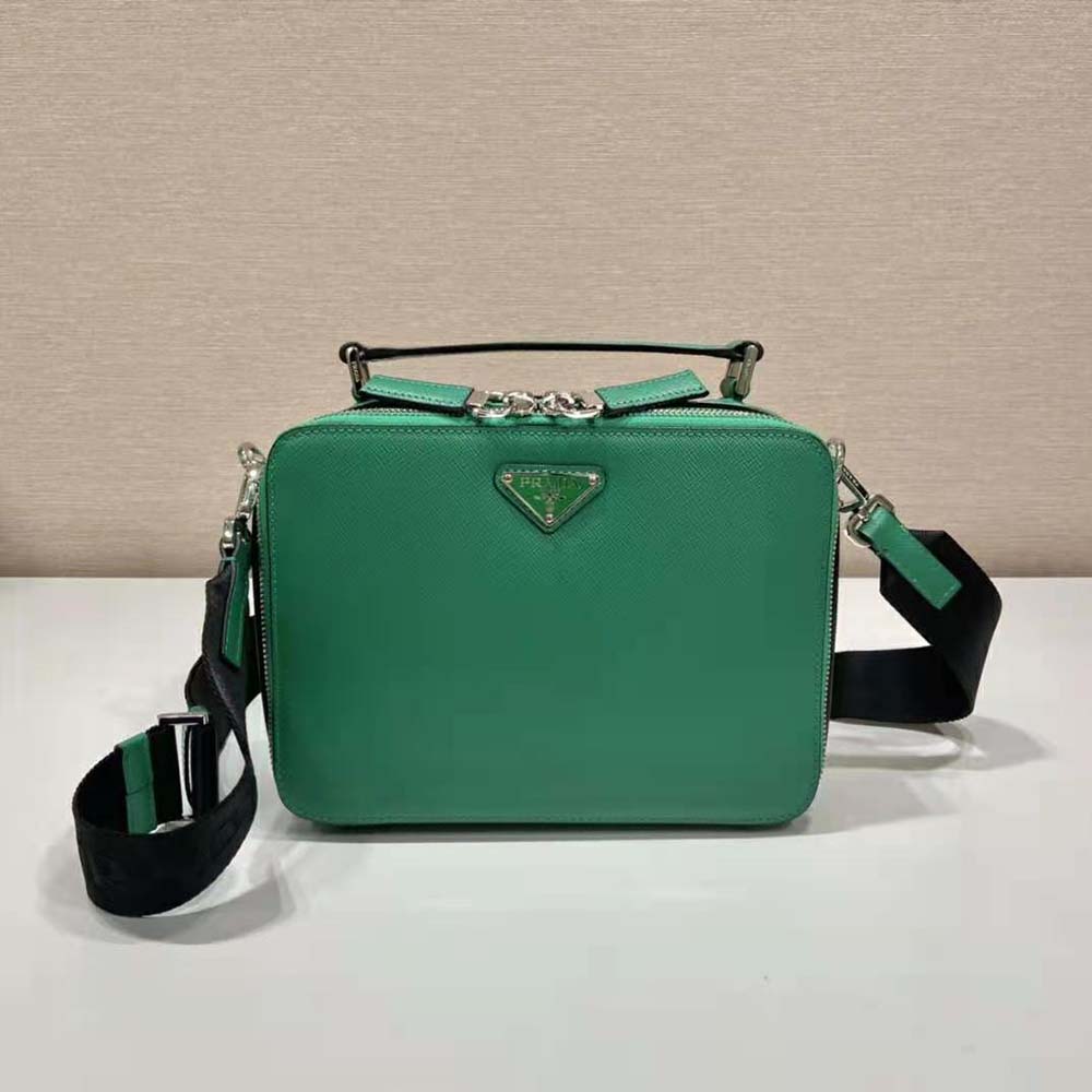 Side profile showing silver hardware on Prada Men Brique Leather Bag