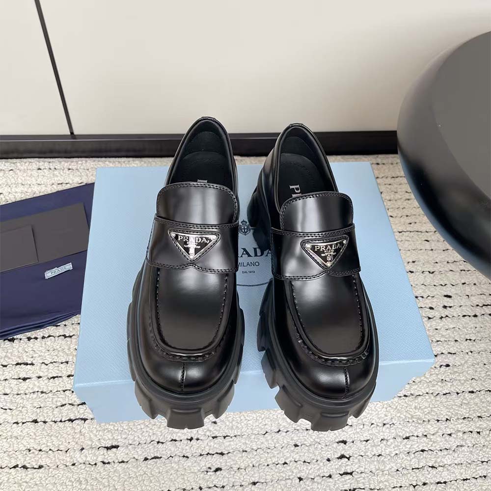 Prada Unisex Brushed Leather Monolith Loafers-Black - image 11
