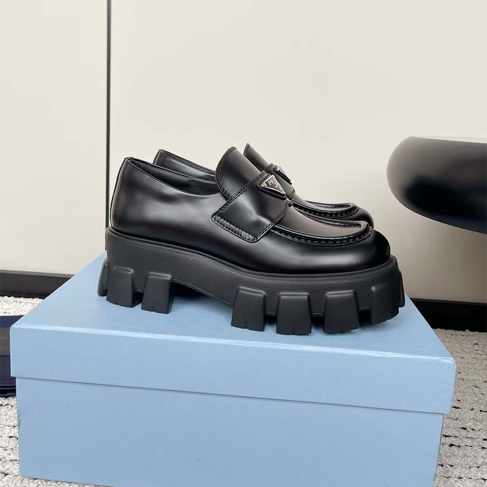 Prada Unisex Brushed Leather Monolith Loafers-Black - image 12
