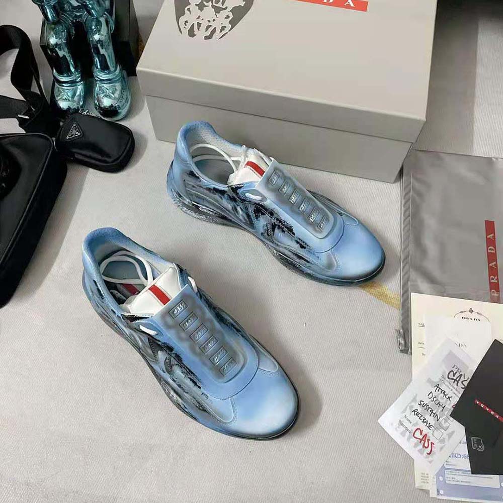 Top-down look at blue textured upper of Prada Unisex Cass x Prada Americas Cup D3cay Sneakers-Blue