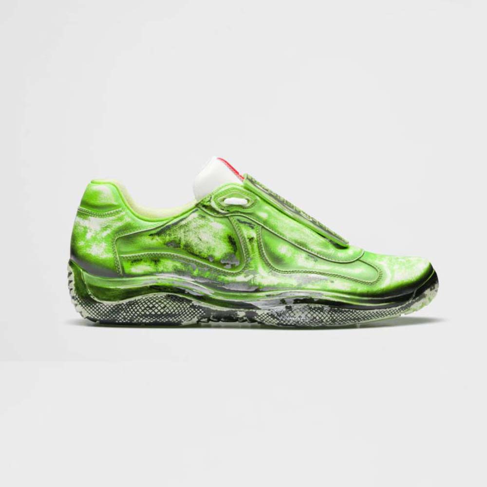 Side view of Prada Unisex Cass x Prada Americas Cup D3cay Sneakers-Green showing sleek silhouette