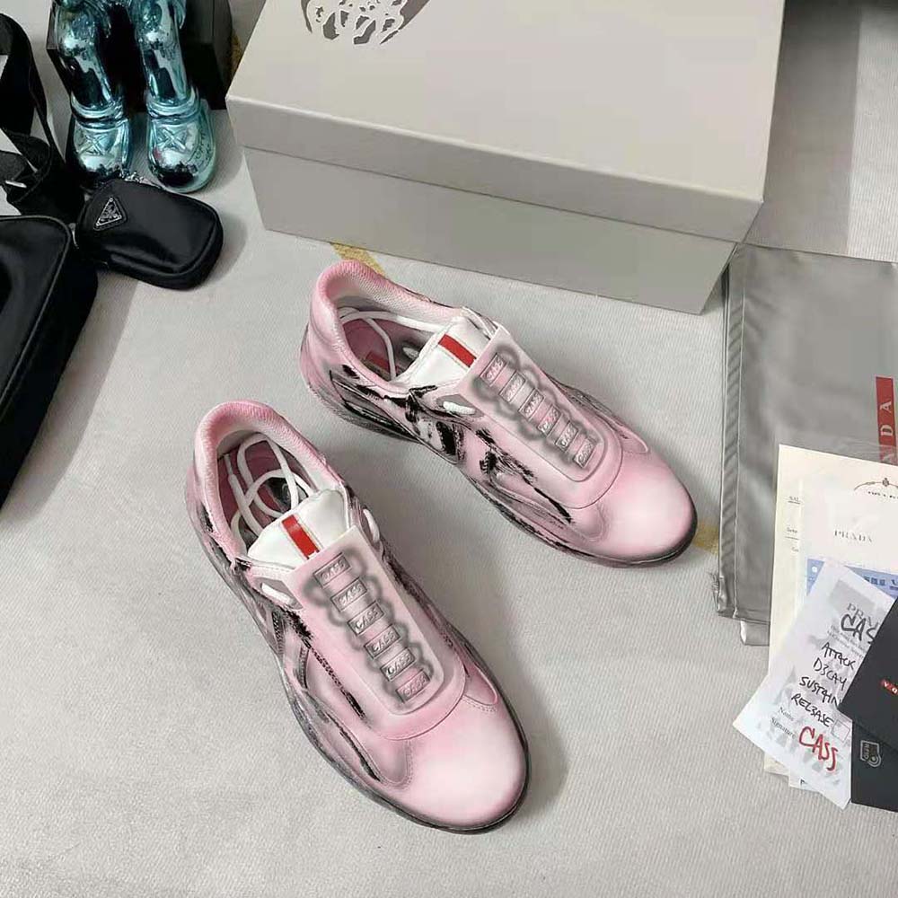 Top-down view showing lace-up closure on Prada Unisex Cass x Prada Americas Cup D3cay Sneakers-Pink