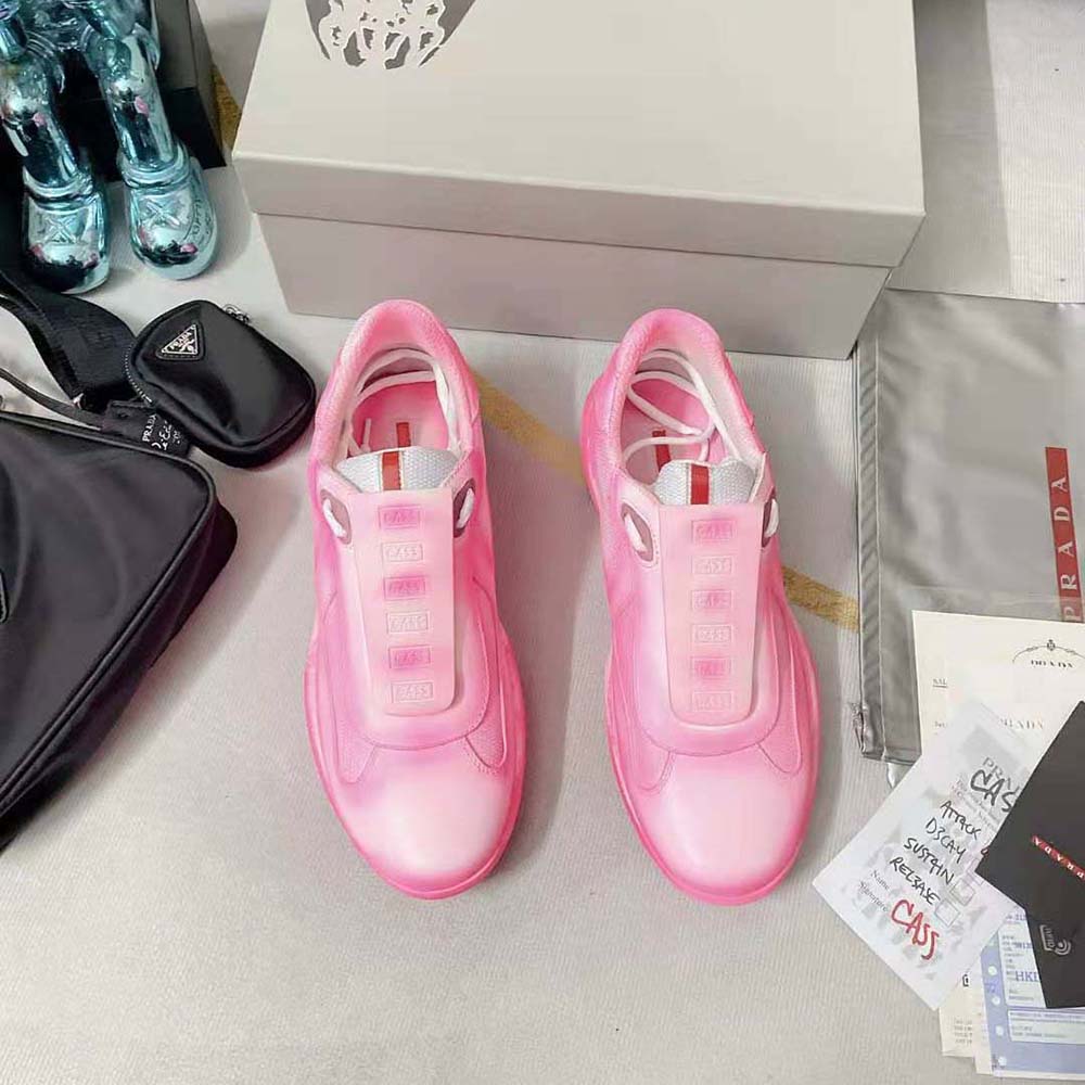 Close-up of pink leather and branding on Prada Unisex Cass x Prada Americas Cup Rel3ase Sneakers-Pink