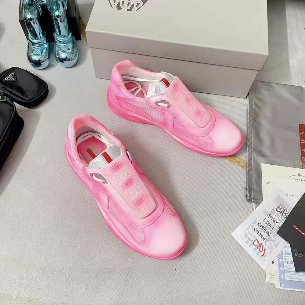 Top-down view of lace-up design on Prada Unisex Cass x Prada Americas Cup Rel3ase Sneakers-Pink