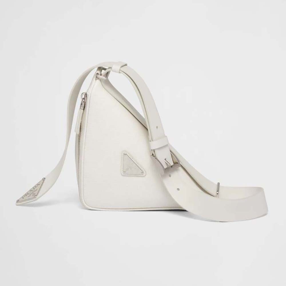 Front view of Prada Unisex Saffiano Leather Belt Bag-White with silver hardware