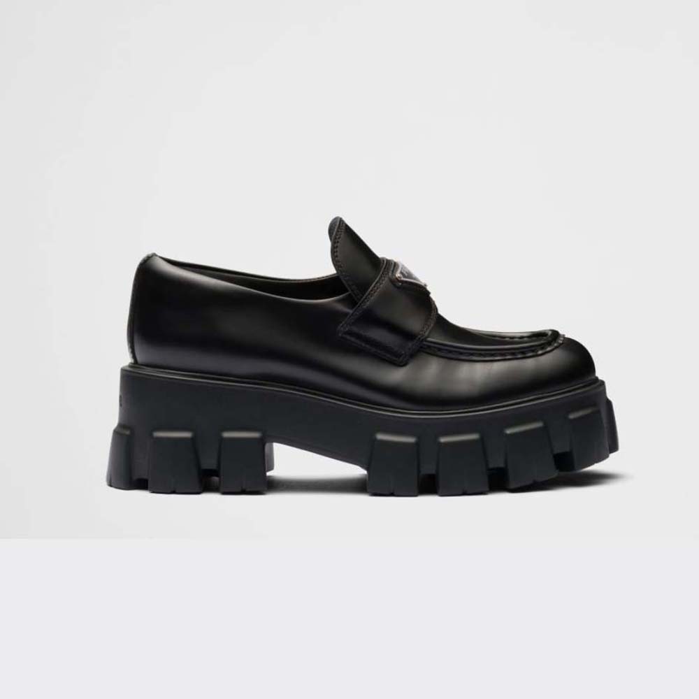 Prada Unisex Brushed Leather Monolith Loafers-Black side profile view