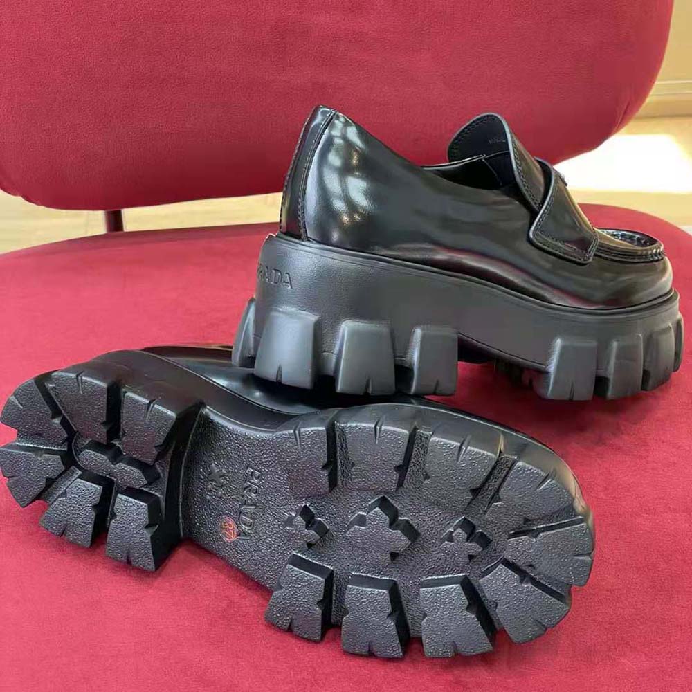 Prada Unisex Brushed Leather Monolith Loafers-Black - image 4
