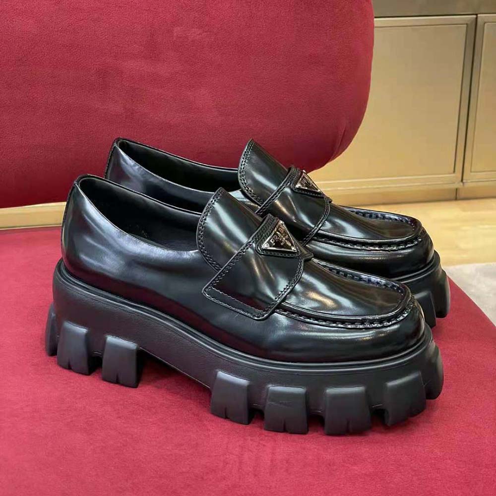 Top view showing slip-on design of Prada Unisex Brushed Leather Monolith Loafers