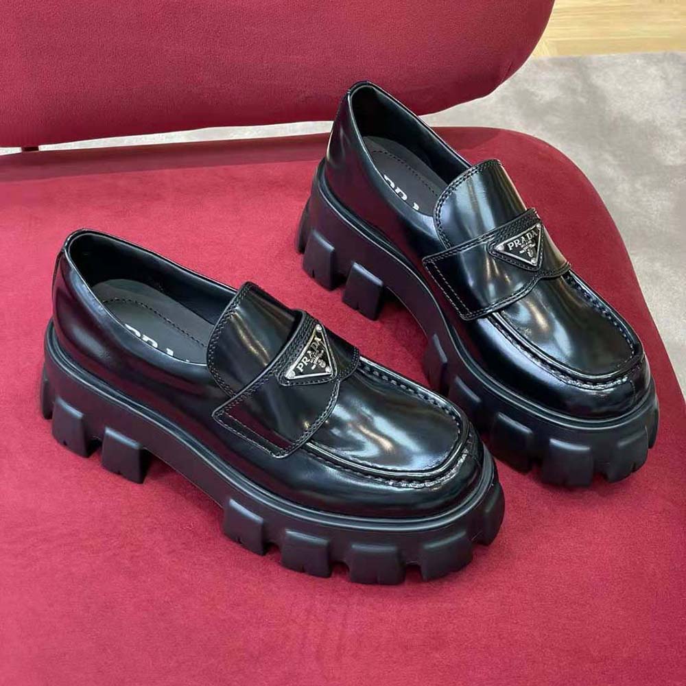 Close-up of brushed leather texture on Prada Unisex Monolith Loafers