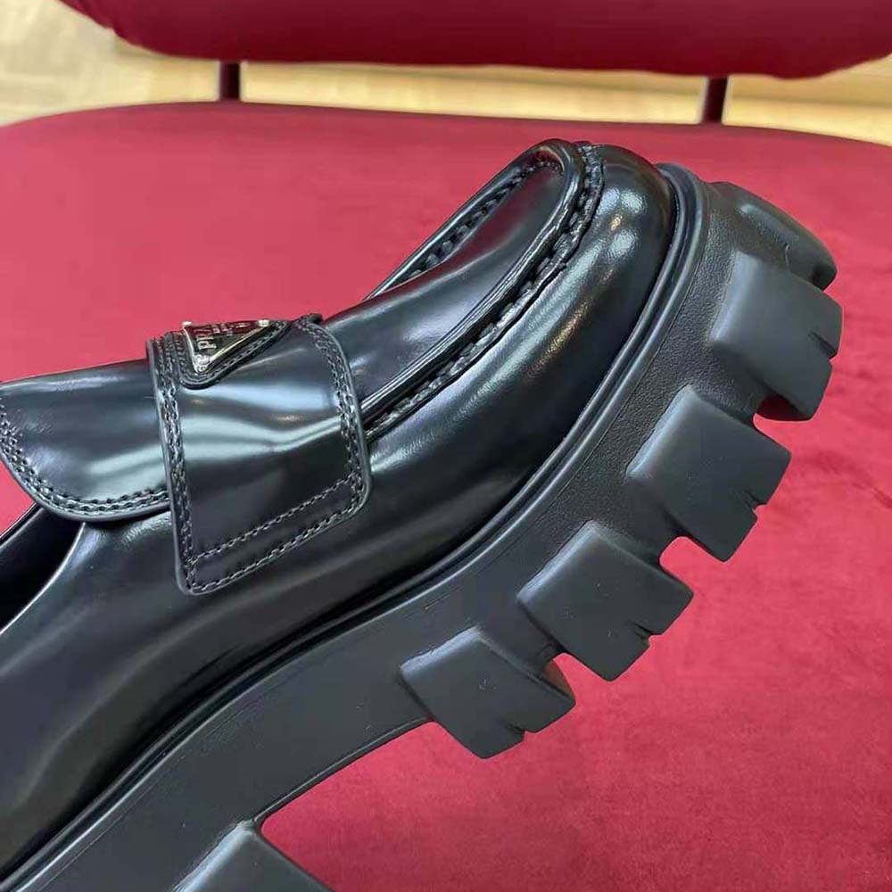Prada Unisex Brushed Leather Monolith Loafers-Black - image 9