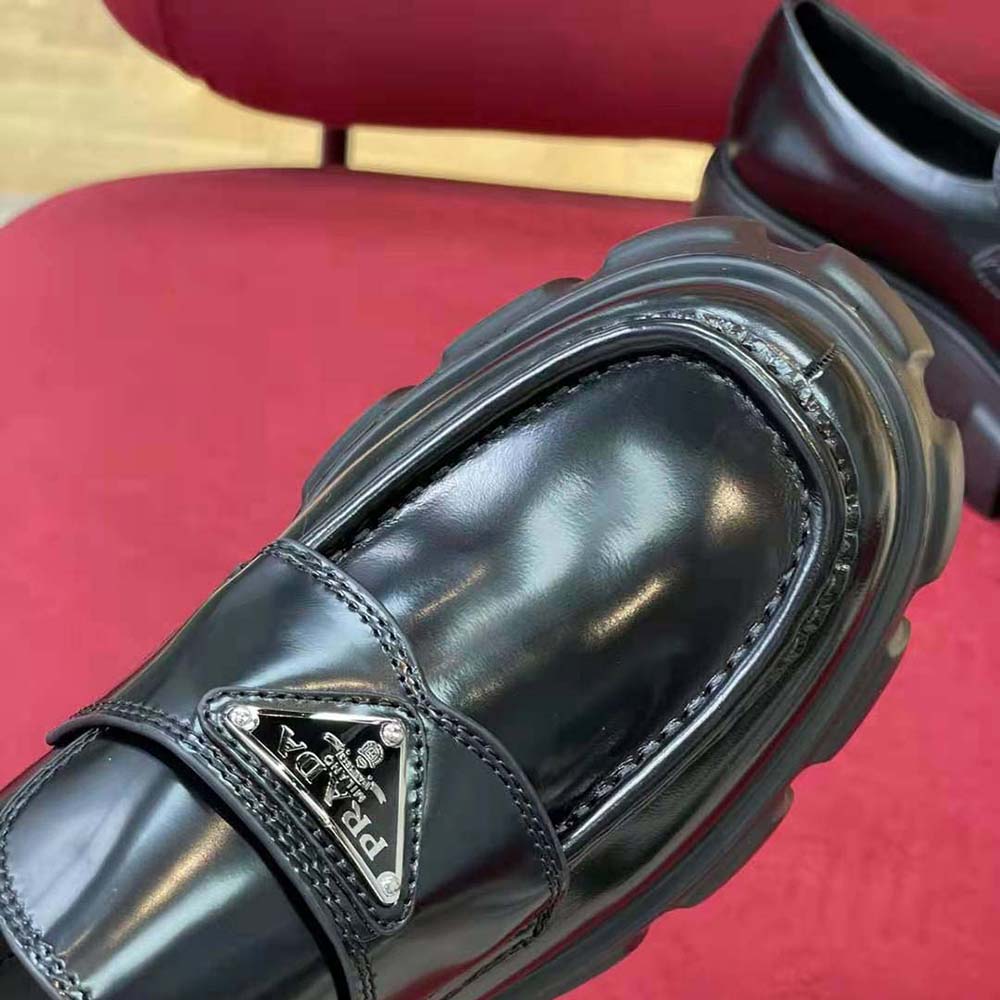 Prada Unisex Brushed Leather Monolith Loafers-Black - image 8