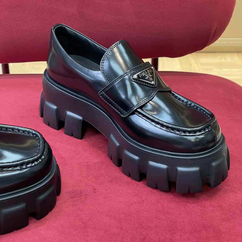 Prada Unisex Brushed Leather Monolith Loafers-Black - image 7