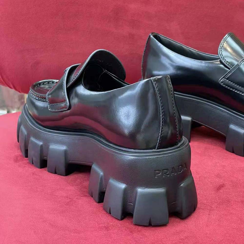 Prada Unisex Brushed Leather Monolith Loafers-Black - image 6