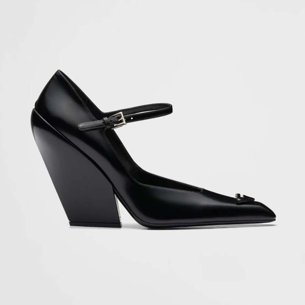 Side view of Prada Women Brushed Leather Pumps in 95 mm heel black
