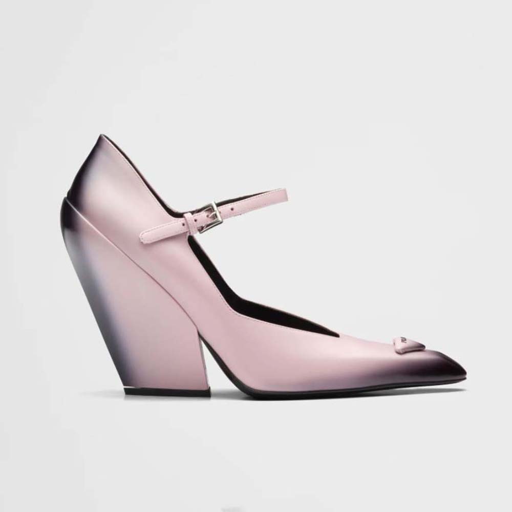 Side view of Prada Women Brushed Leather Pumps in pink with 95 mm heel