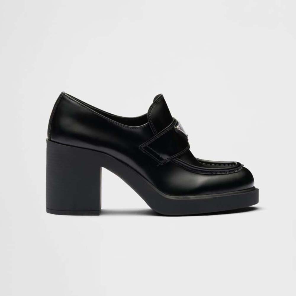 Side profile of Prada Women Chocolate High-Heeled Brushed Leather Loafers