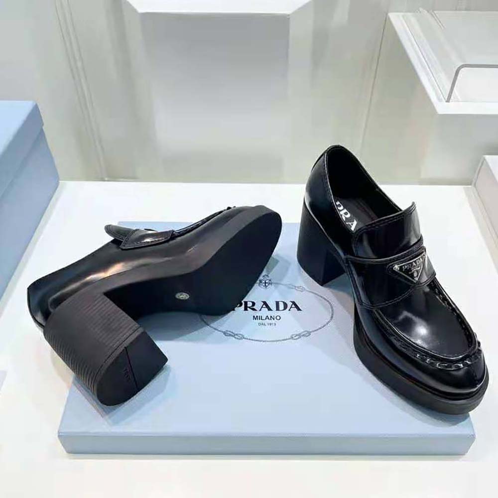 Prada Women Chocolate High-Heeled Brushed Leather Loafers - image 8