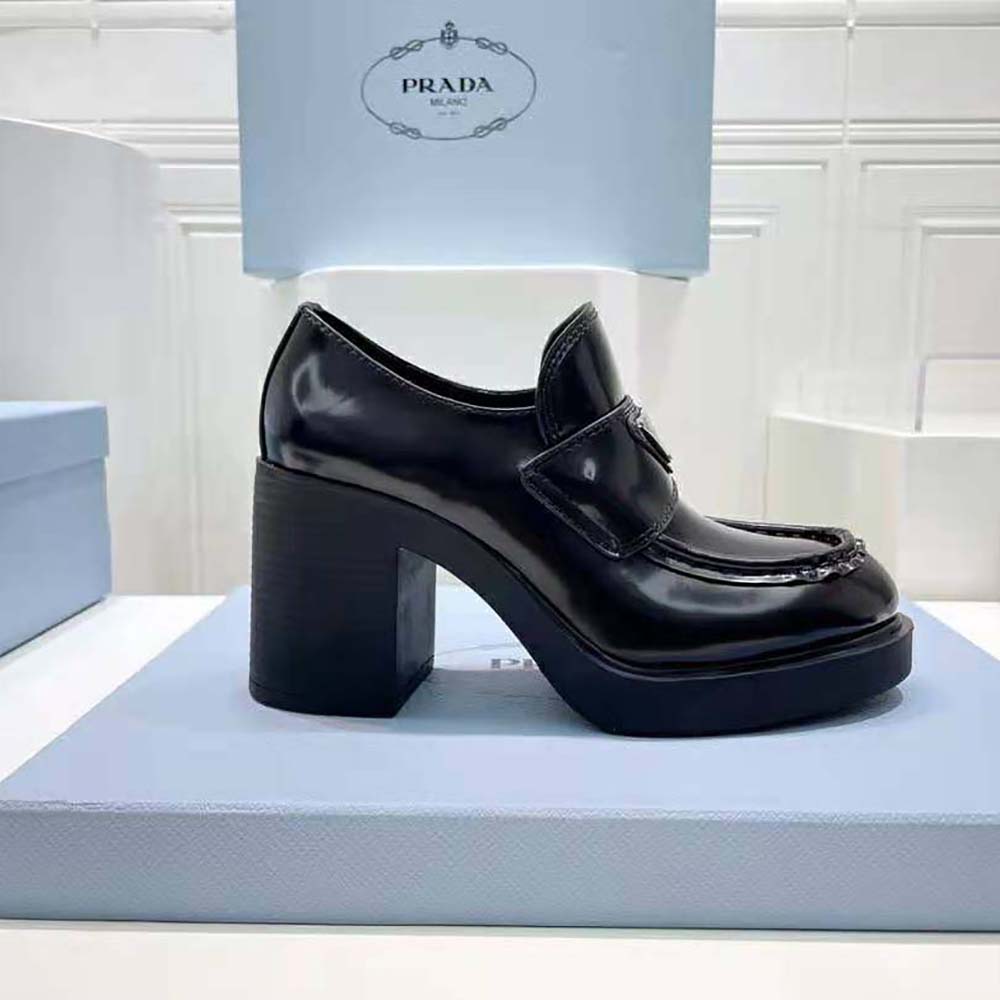Prada Women Chocolate High-Heeled Brushed Leather Loafers - image 6