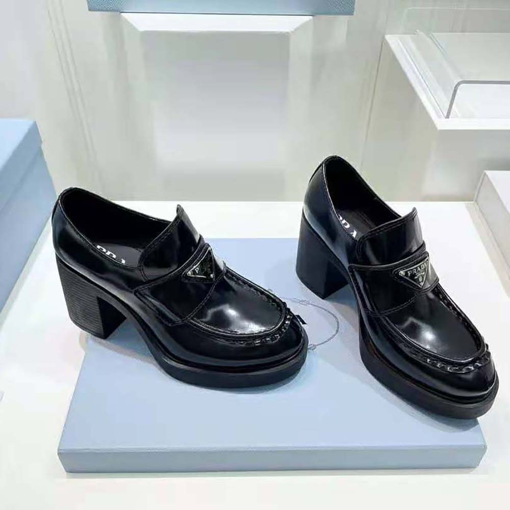 Top view showing slip-on design of Prada Women Chocolate High-Heeled Loafers