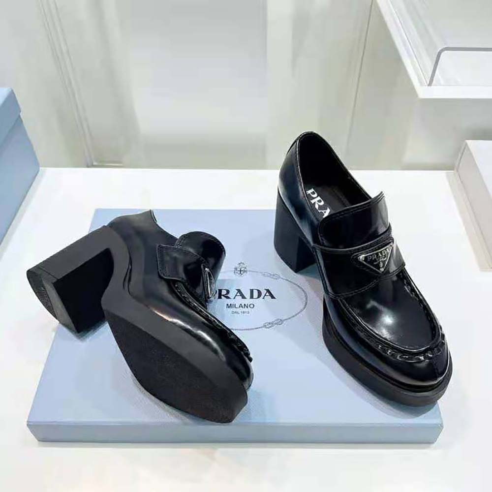 Prada Women Chocolate High-Heeled Brushed Leather Loafers - image 9