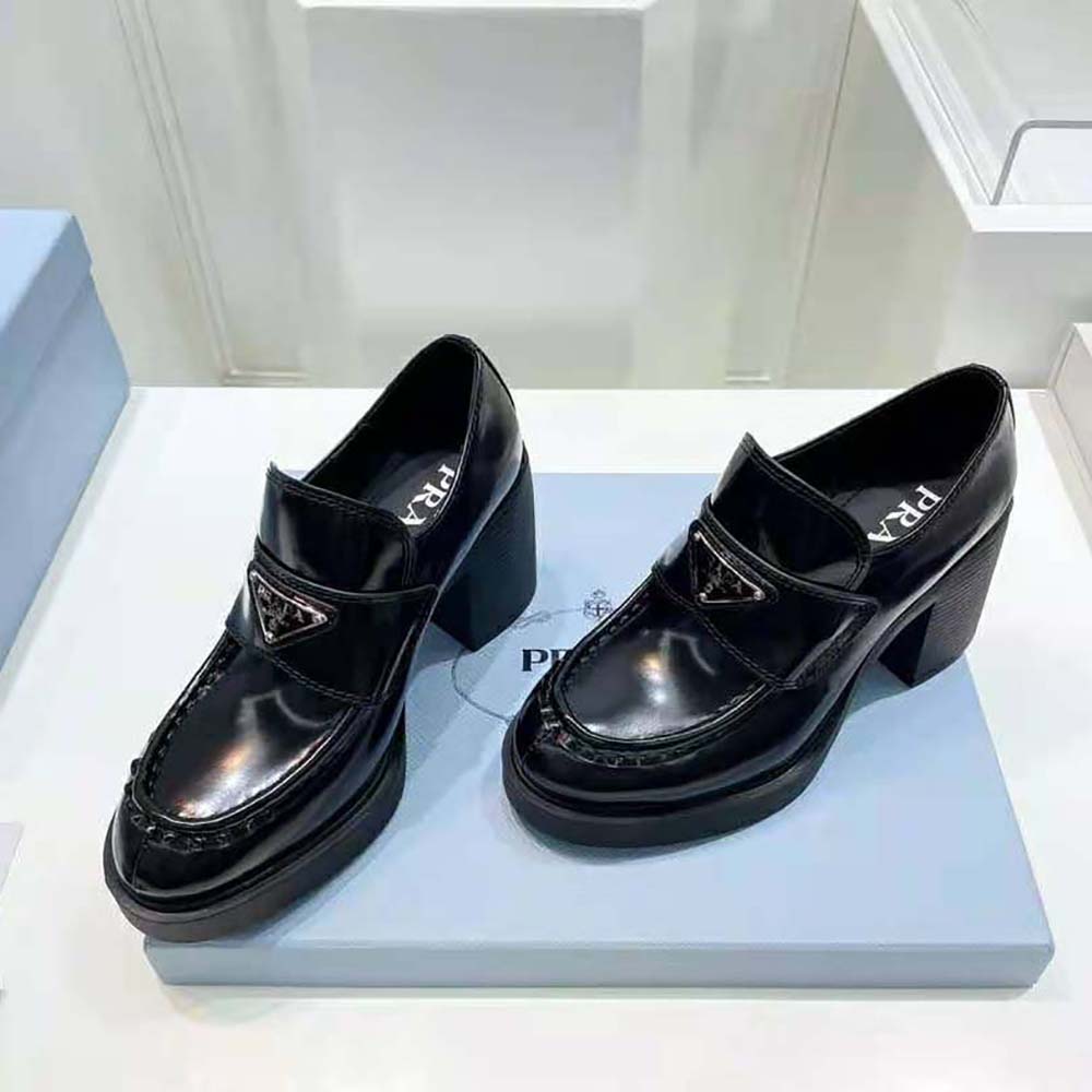 Prada Women Chocolate High-Heeled Brushed Leather Loafers - image 4