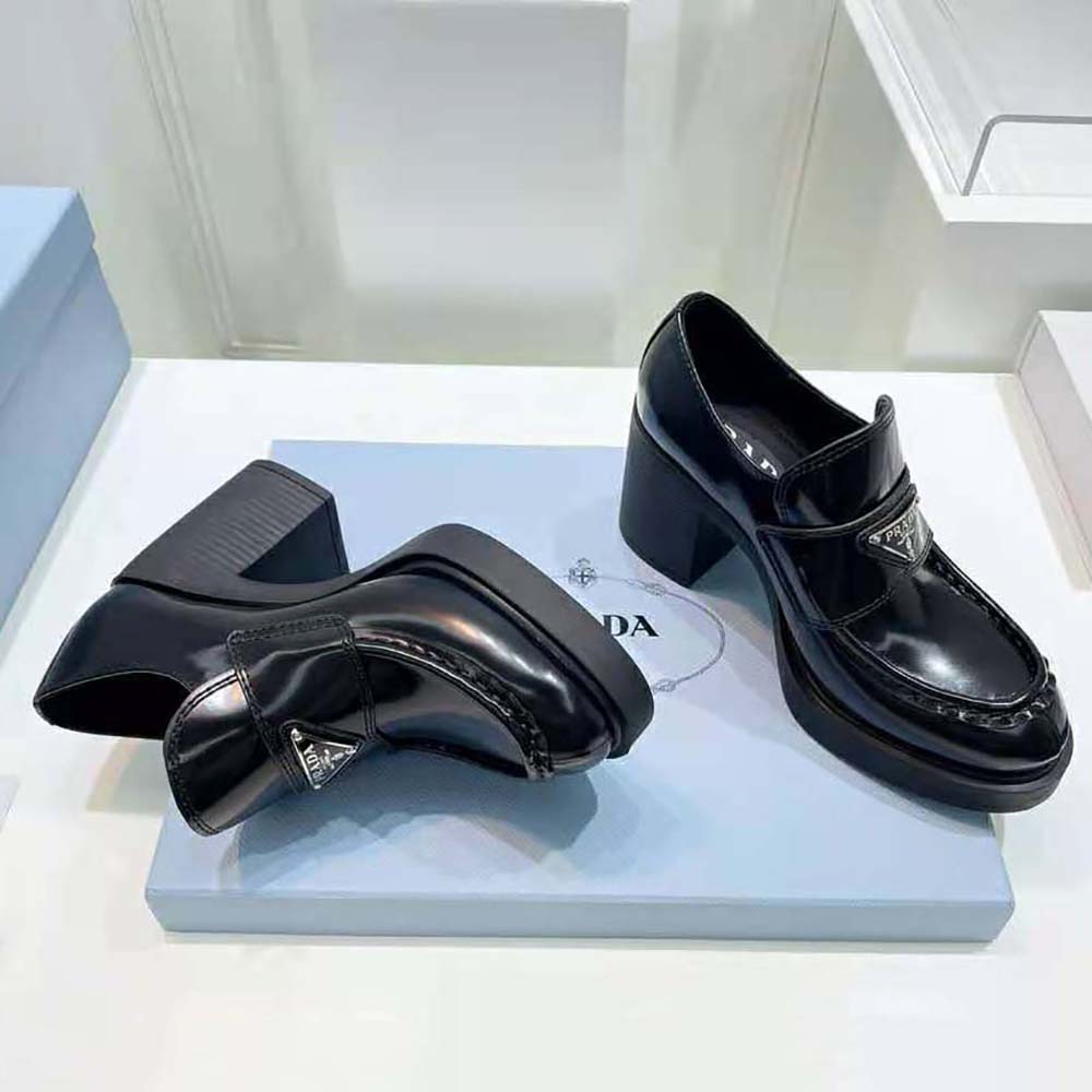 Prada Women Chocolate High-Heeled Brushed Leather Loafers - image 7