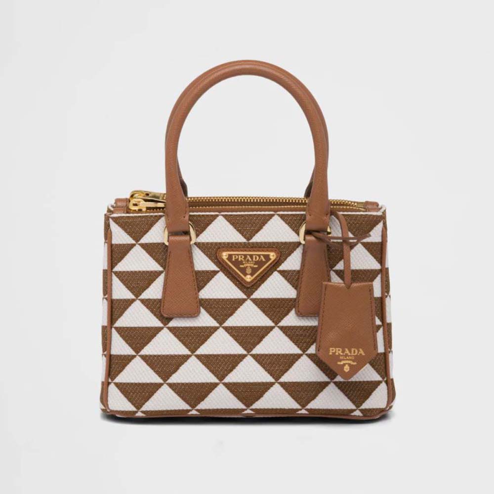 Front view of Prada Women Galleria Embroidered Jacquard Fabric Micro-Bag-Brown
