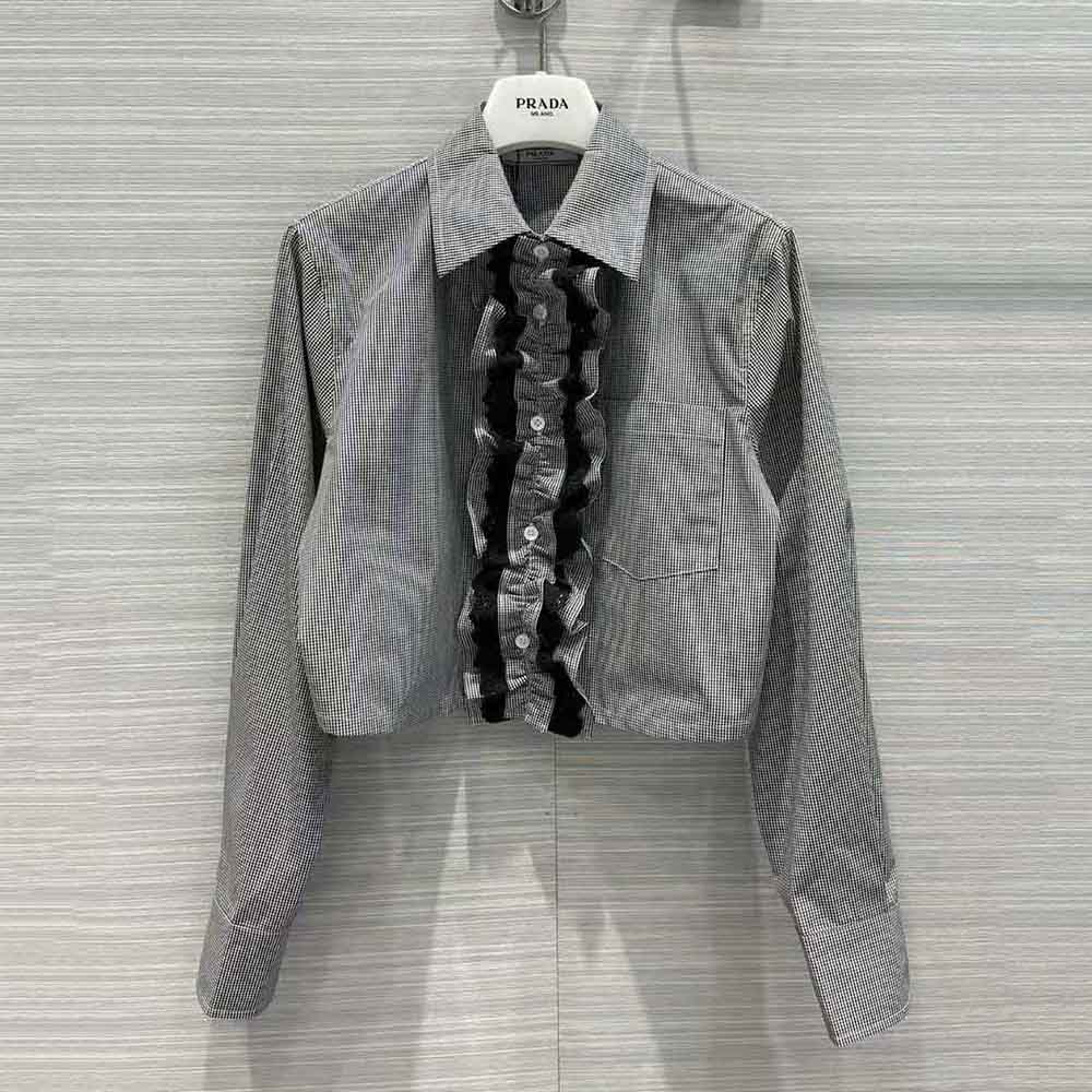 Side angle showing tailored silhouette of Prada Women Gingham Check Shirt