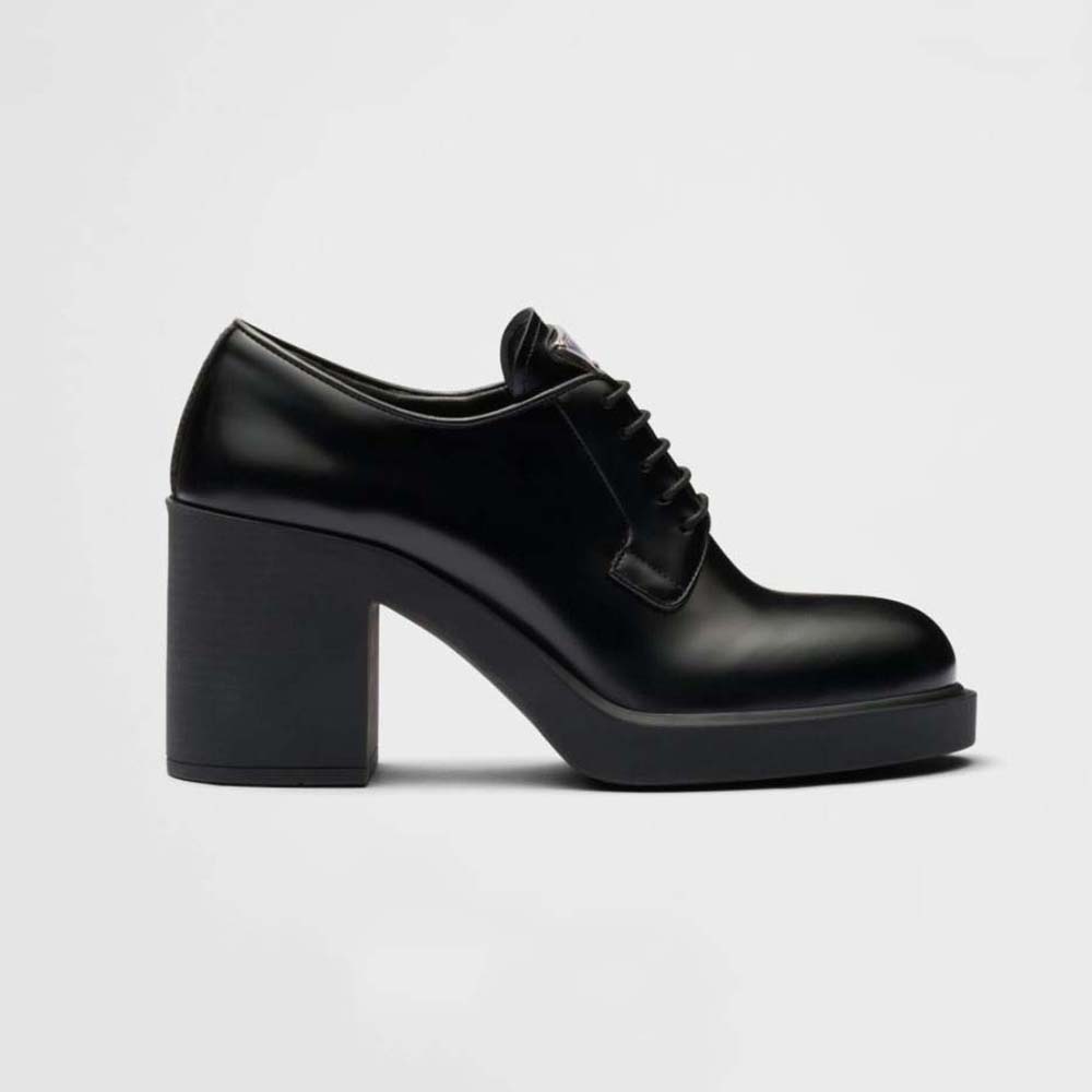 Side profile of Prada Women Heeled Brushed Leather Lace-Ups-Black showing heel