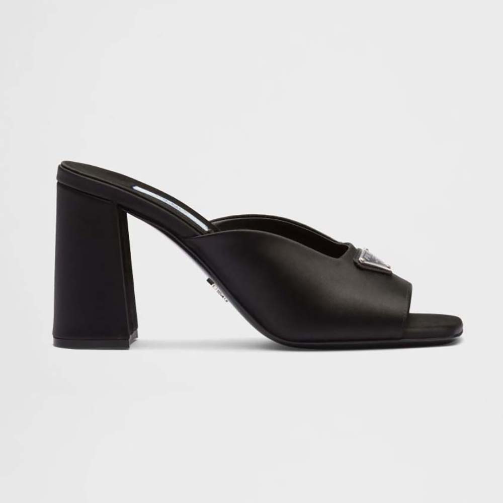 Side view of Prada Women High-Heeled Satin Slides-Black showing heel height