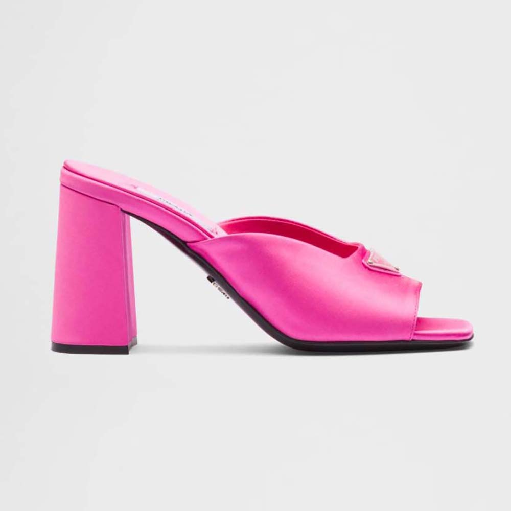 Side profile of Prada Women High-Heeled Satin Slides-Rose showing heel height