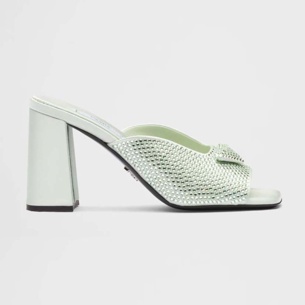 Side view of Prada Women High-heeled Satin Slides with Crystals-Aqua