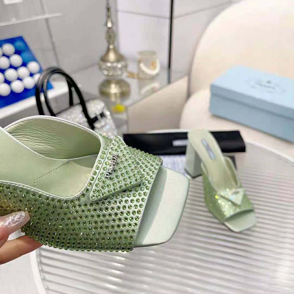 Prada Women High-heeled Satin Slides with Crystals-Auqa - image 9