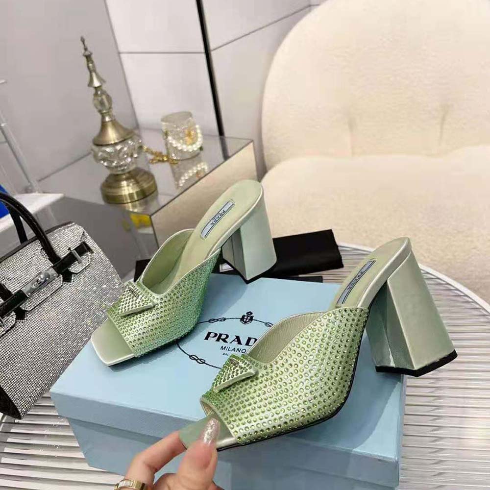 Prada Women High-heeled Satin Slides with Crystals-Auqa - image 8