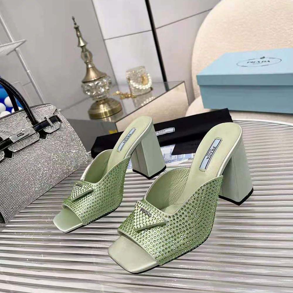 Prada Women High-heeled Satin Slides with Crystals-Auqa - image 4