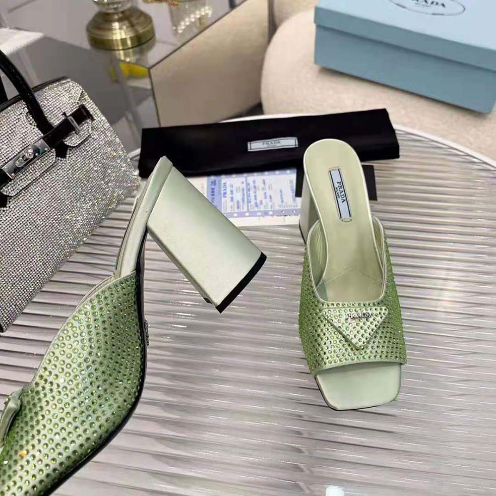 Prada Women High-heeled Satin Slides with Crystals-Auqa - image 7